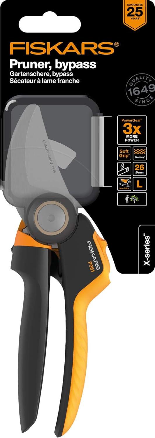 imageFiskars Bypass Garden Pruners L XSeries PowerGear P961 with Rolling Handle for Fresh Branches and Twigs NonStick Coated Stainless Steel Blades Length 222 cm BlackOrange 1057175Xseries P961
