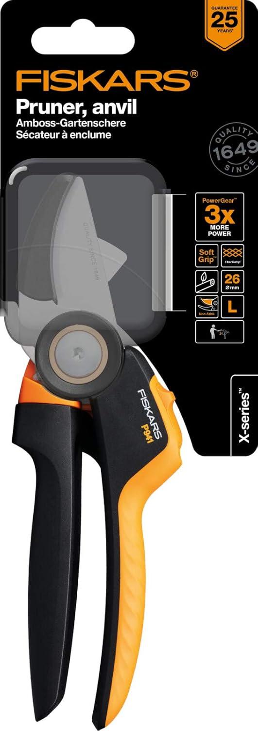 imageFiskars Bypass Garden Pruners L XSeries PowerGear P961 with Rolling Handle for Fresh Branches and Twigs NonStick Coated Stainless Steel Blades Length 222 cm BlackOrange 1057175Xseries P941