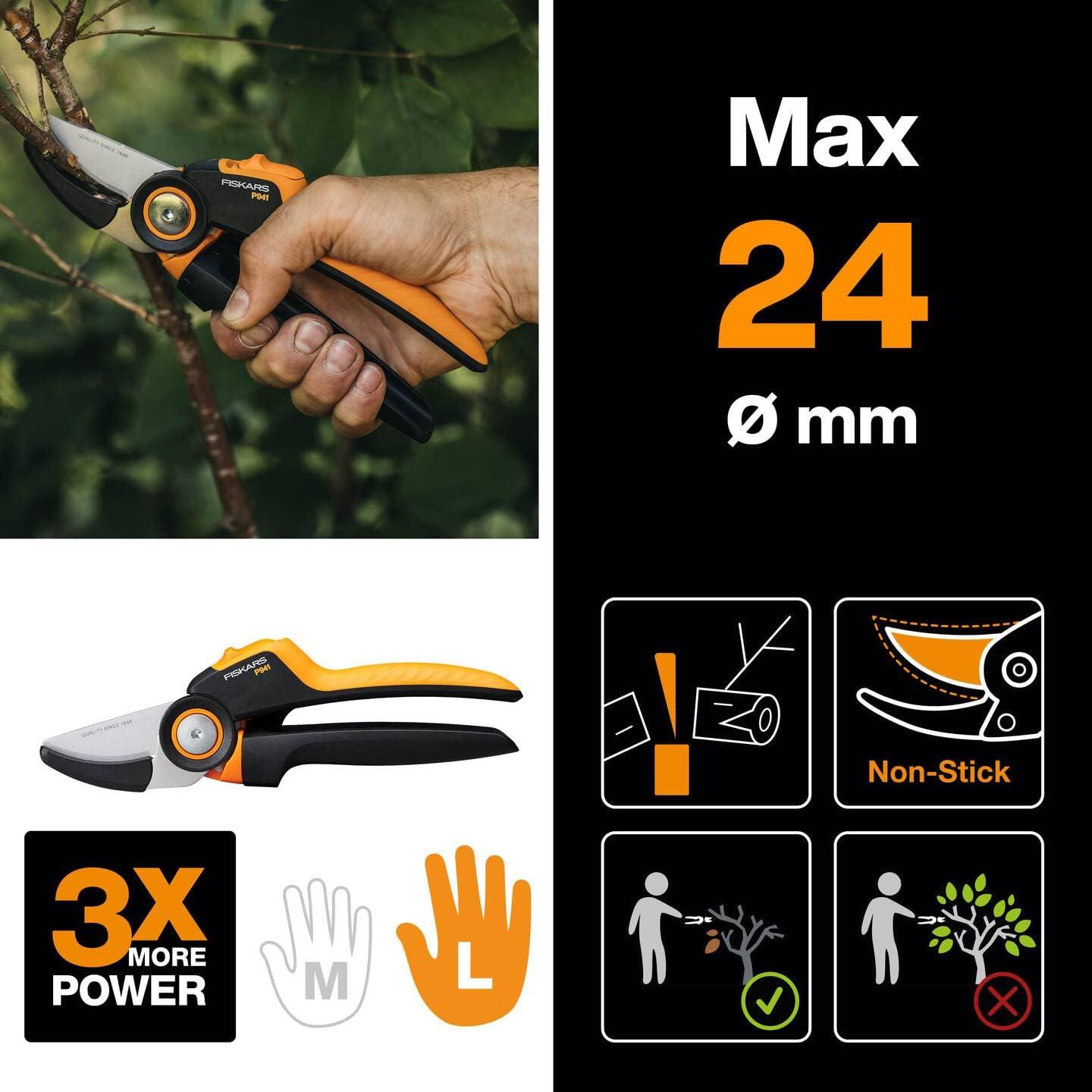 imageFiskars Bypass Garden Pruners L XSeries PowerGear P961 with Rolling Handle for Fresh Branches and Twigs NonStick Coated Stainless Steel Blades Length 222 cm BlackOrange 1057175Xseries P941