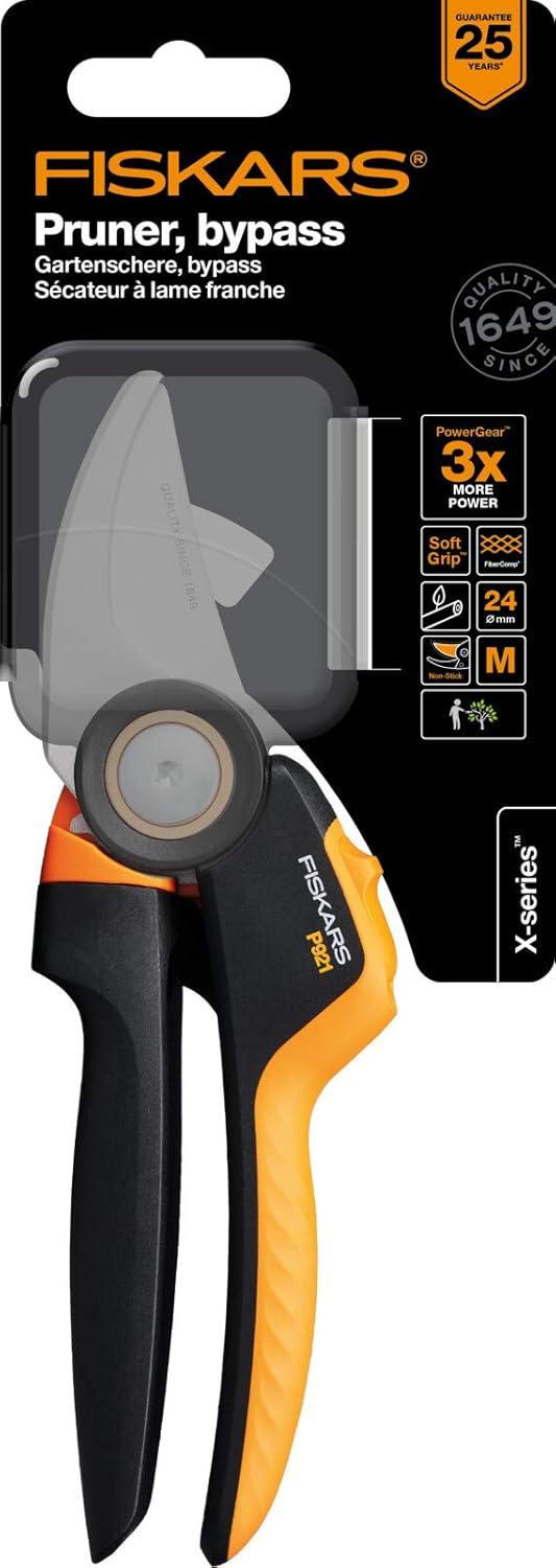 imageFiskars Bypass Garden Pruners L XSeries PowerGear P961 with Rolling Handle for Fresh Branches and Twigs NonStick Coated Stainless Steel Blades Length 222 cm BlackOrange 1057175Xseries P921