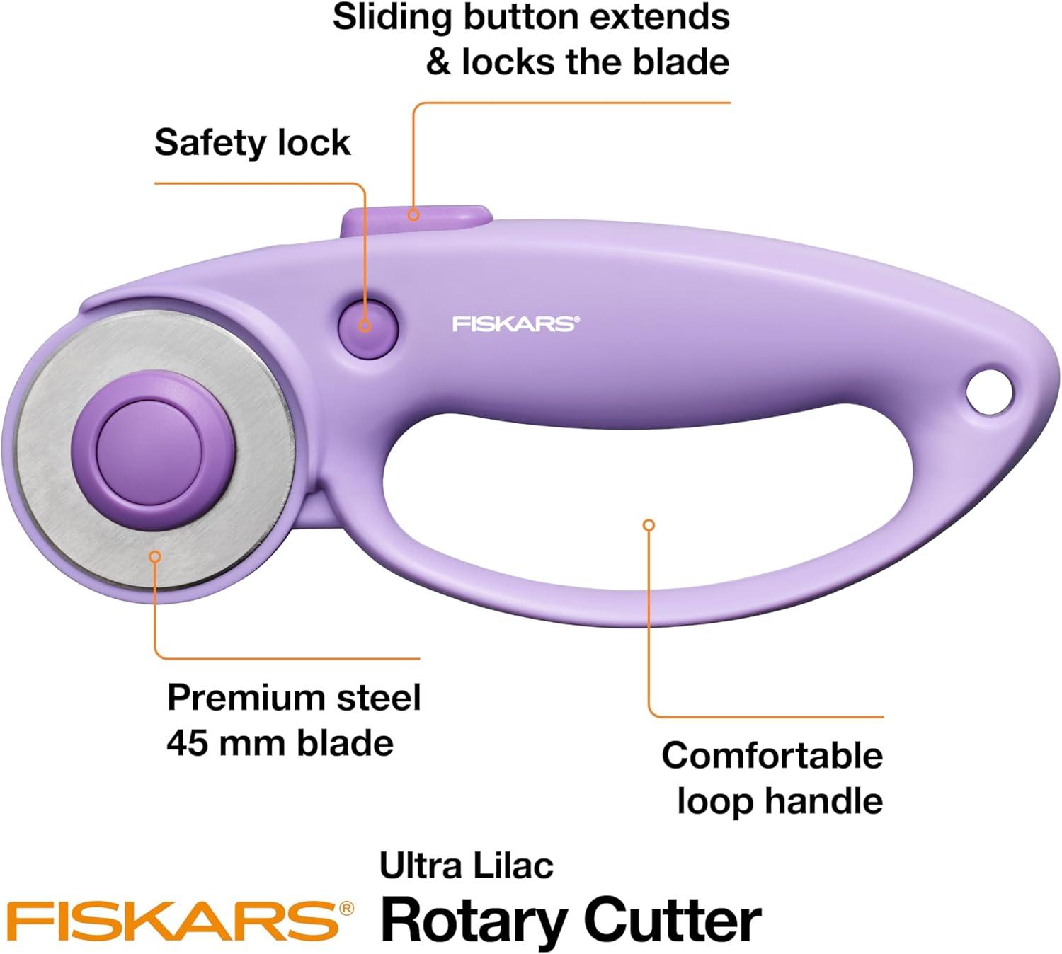 imageFiskars Loop Rotary Cutter Explore Collection Ultra Lilac PrecisionGround Steel Blade for Fabric Felt and Vinyl 45mm