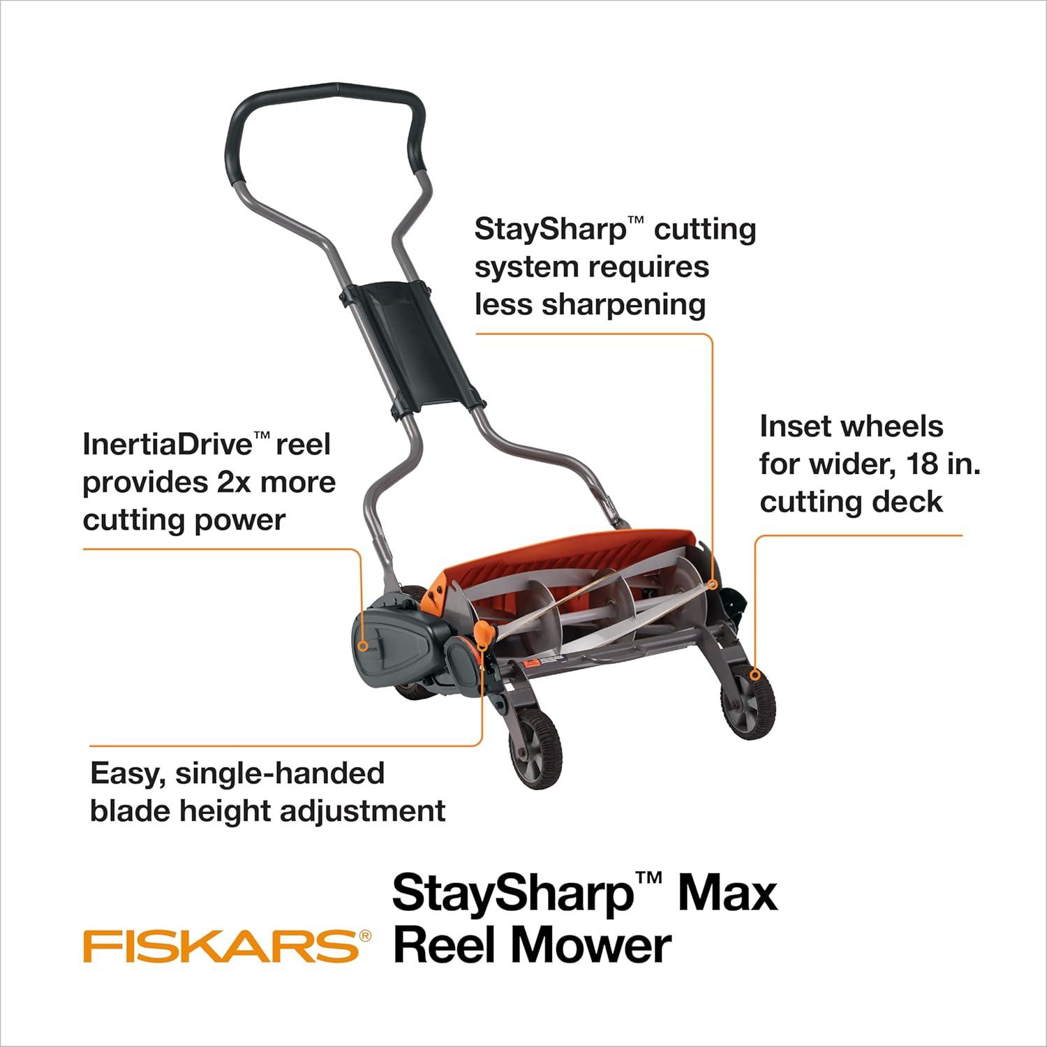 imageFiskars Push Mower  18quot Cut Width Manual Reel Mower with No Motor  Grass Cutter with Steel Blades that Stay Sharp  EcoFriendly Lawn CareMower 18