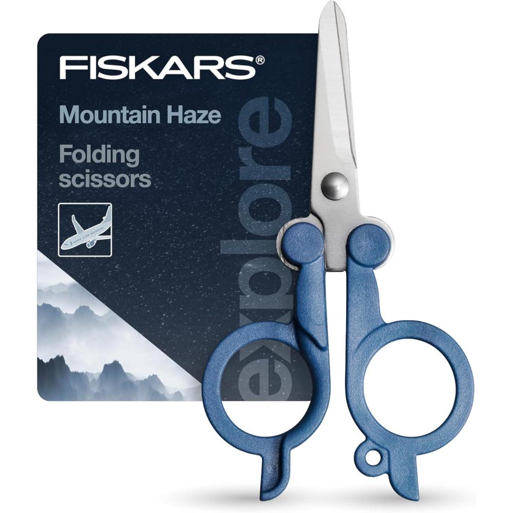 imageFISKARS Folding Travel Scissors  TSACompliant and Portable  Stainless Steel Blades and Blue HandlesMountain Haze
