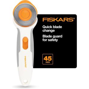 imageFiskars 60mm Rotary Cutter for Fabric with Ergonomic Loop Grip And Comfort Handle Titanium Rotary Fabric Cutter for Thick Materials Easy and Safe Blade Change Sewing Supplies and Quilting ToolsSoft Grip 45mm