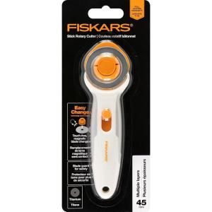 imageFiskars 60mm Rotary Cutter for Fabric with Ergonomic Loop Grip And Comfort Handle Titanium Rotary Fabric Cutter for Thick Materials Easy and Safe Blade Change Sewing Supplies and Quilting ToolsEasy Change Stick