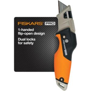 imageFiskars Pro Retractable Folding Utility Knife Box Cutter with LongLasting CarbonMax Razor Blade and Dual Lock Safety OrangeBlackFolding Utility Knife
