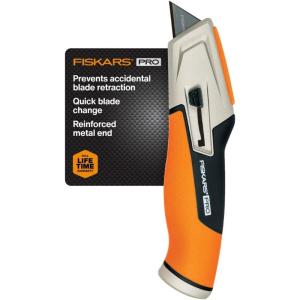 imageFiskars Pro Retractable Folding Utility Knife Box Cutter with LongLasting CarbonMax Razor Blade and Dual Lock Safety OrangeBlackRetractable Utility Knife