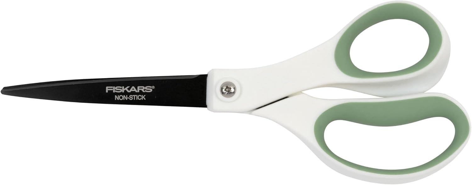 imageFiskars Everyday Fashion Scissors 8quot NonStick Stainless Steel Blades White and Green Cuts Sticky Materials Like Tape and Glue