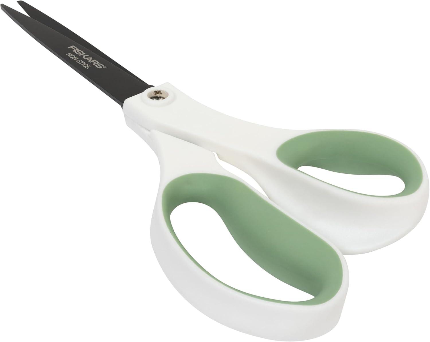 imageFiskars Everyday Fashion Scissors 8quot NonStick Stainless Steel Blades White and Green Cuts Sticky Materials Like Tape and Glue