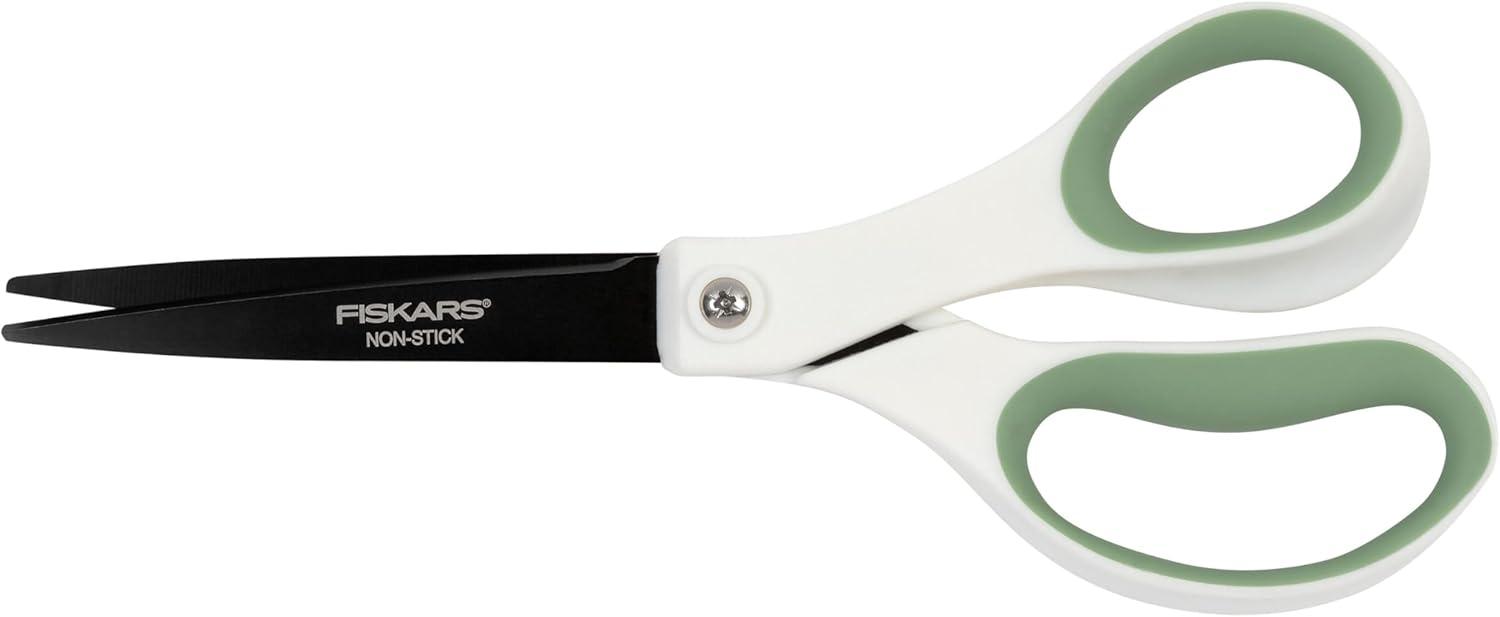 imageFiskars Everyday Fashion Scissors 8quot NonStick Stainless Steel Blades White and Green Cuts Sticky Materials Like Tape and Glue