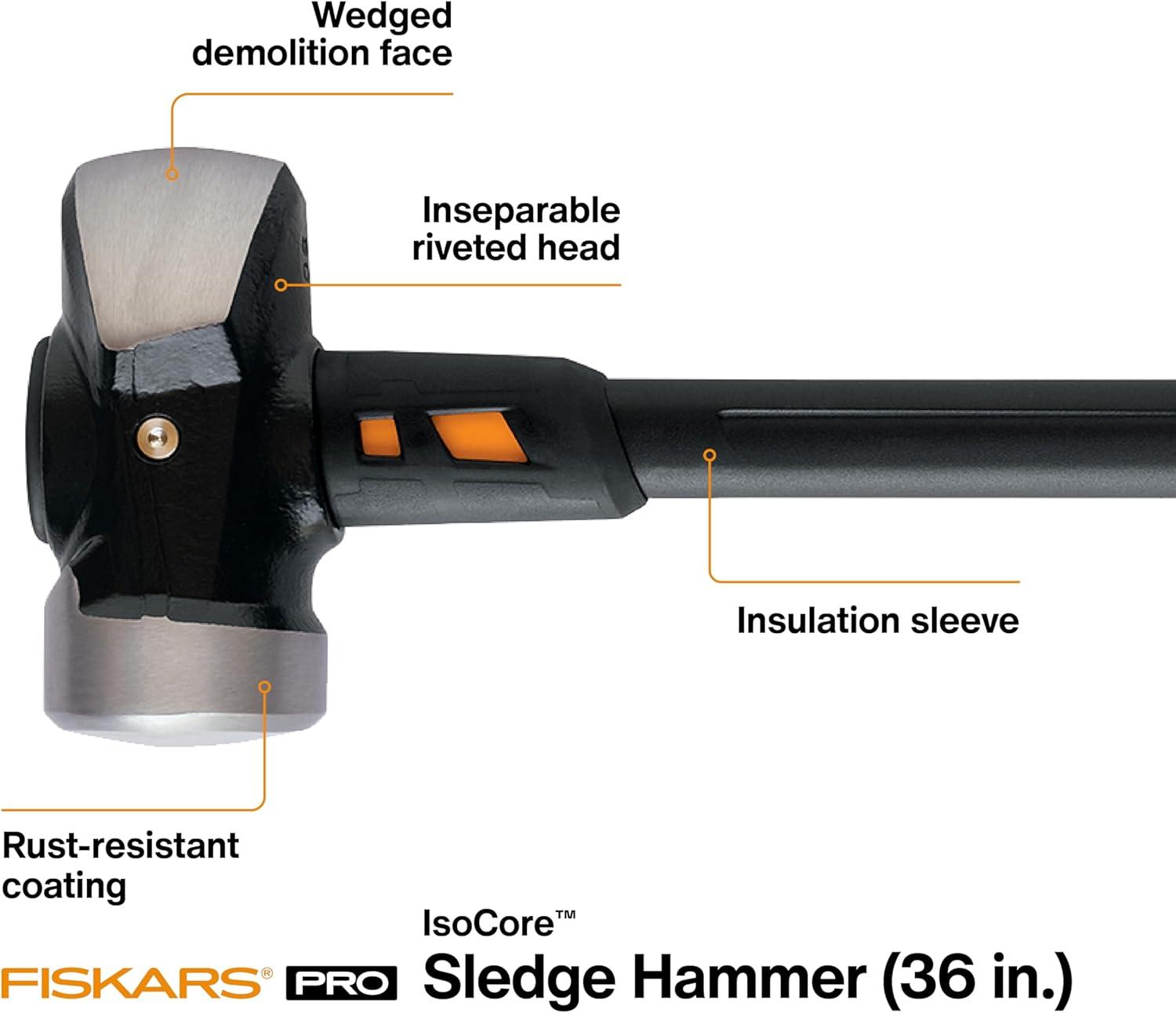 imageFiskars Pro Flat Face Sledge Hammer IsoCore Shock Control System Forged HeatTreated RustResistant Coating 12 lb 36 InchesSledge Hammer 10 lb