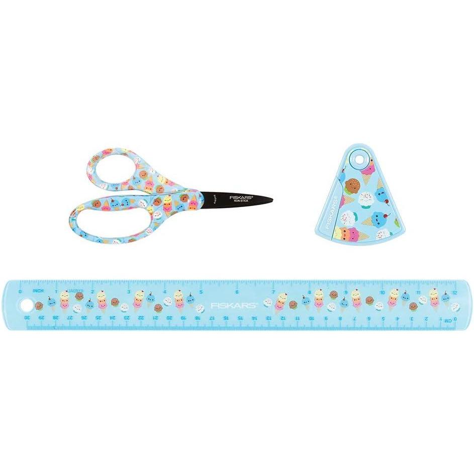 imageFiskars Kids 3Piece School Set with NonStick Scissors Ruler and Pencil Sharpener Fun Ice Cream Pattern School Supplies for Ages 4Ice Cream Pattern