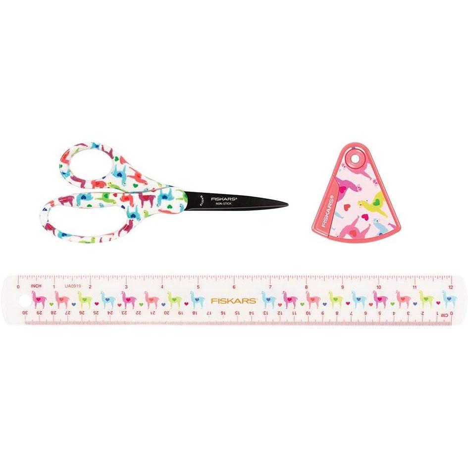 imageFiskars Kids 3Piece School Set with NonStick Scissors Ruler and Pencil Sharpener Fun Llamas Pattern School Supplies for Ages 12