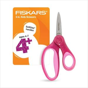 imageFiskars 5quot Softgrip LeftHanded PointedTip Scissors for Kids Ages 47 LeftHanded Scissors for School or Crafting Back to School Supplies Blue LightningPink Glitter