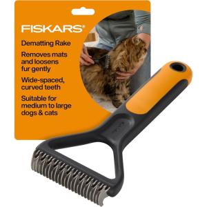 imageFiskars Pet Dematting Rake Cat ampamp Dog Comb WideSpaced Curved Teeth ampamp SoftGrip Handle for Easy Dematting 675 OrangeBlack