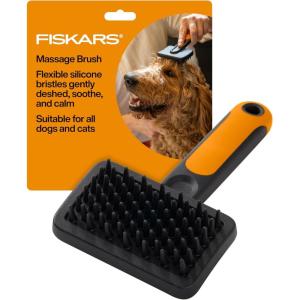 imageFiskars Pet Massage Brush Cat and Dog Brush Flexible Silicone Bristles ampamp SoftGrip Handle for Gentle Deshedding 65 OrangeBlack