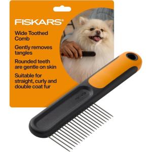 imageFiskars Pet Wide Tooth Comb Cat ampamp Dog Comb WideSpaced Rounded Teeth ampamp SoftGrip Handle for Gentle Detangling 7 OrangeBlack