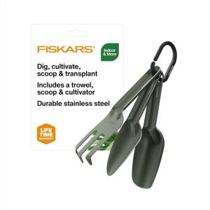 imageFiskars 3Piece Cultivating Tool Set Stainless Steel Trowel Scoop ampamp Cultivator with SpaceSaving Nesting Design