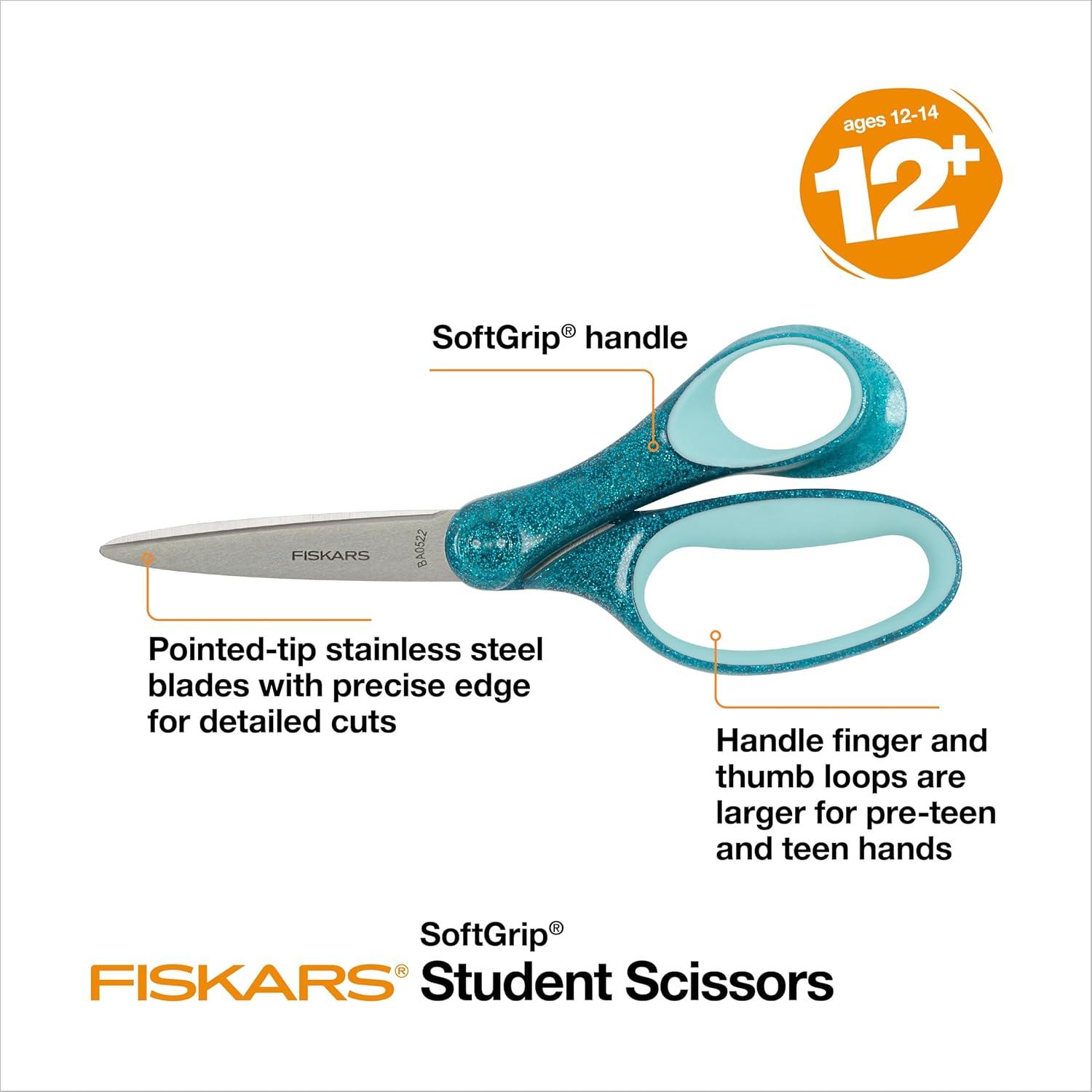 imageFiskars 7 SoftGrip Student Glitter Scissors 1Pack for Kids Ages 1214 Scissors for School or Crafting Back to School Supplies Color May Vary