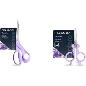 imageBundle of Fiskars Ultra Lilac Scissors HighGrade Stainless Steel Blades and Ergonomic Handles for Arts and Crafts  Fiskars Explore Folding Scissor Designer Collection Ultra Lilac Travel Friendly